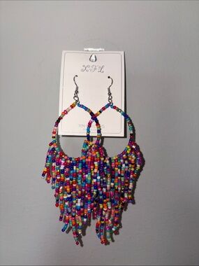 Colorful Multicolor Seed Beaded Fringe Hoop Earrings - Women Jewelry